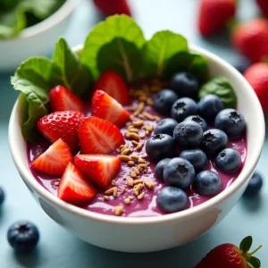 Smoothie bowl με ποικιλία μούρων και πράσινα λαχανικά